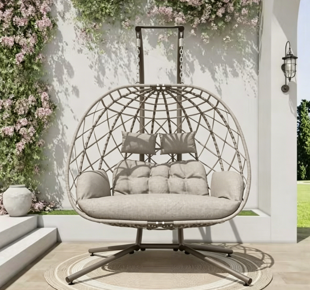 2-Person Outdoor Egg Chair with Stand – Heavy Duty 4-Leg Base, Waterproof Cushion (Limited Deal)