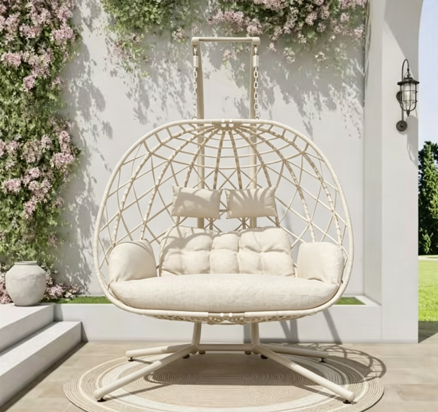 2-Person Outdoor Egg Chair with Stand – Heavy Duty 4-Leg Base, Waterproof Cushion (Limited Deal)