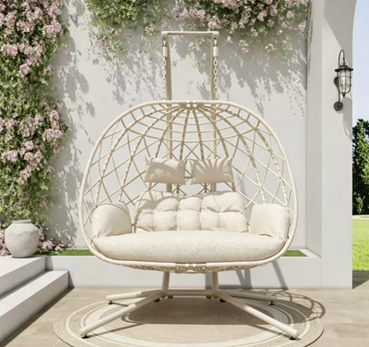 2-Person Outdoor Egg Chair with Stand – Heavy Duty 4-Leg Base, Waterproof Cushion (Limited Deal)