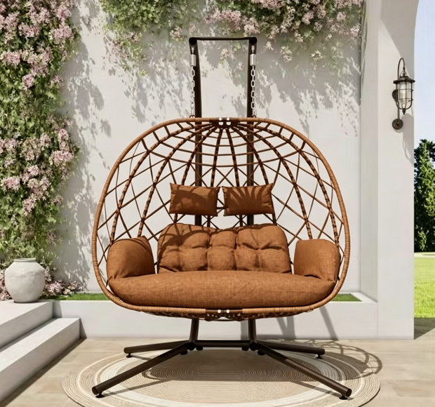 2-Person Outdoor Egg Chair with Stand – Heavy Duty 4-Leg Base, Waterproof Cushion (Limited Deal)
