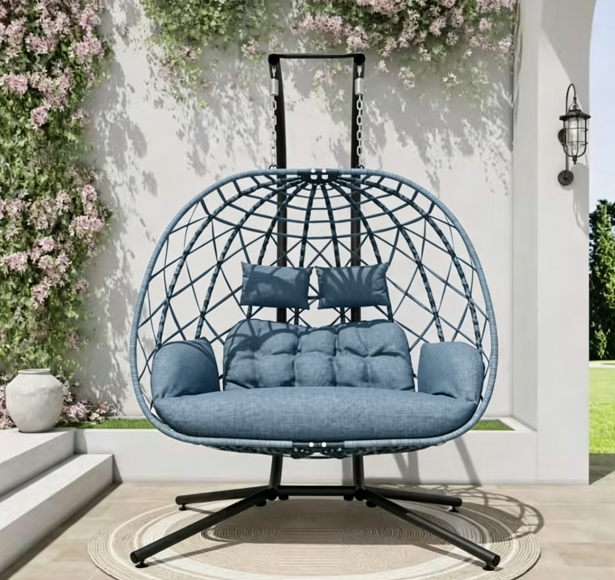 2-Person Outdoor Egg Chair with Stand – Heavy Duty 4-Leg Base, Waterproof Cushion (Limited Deal)